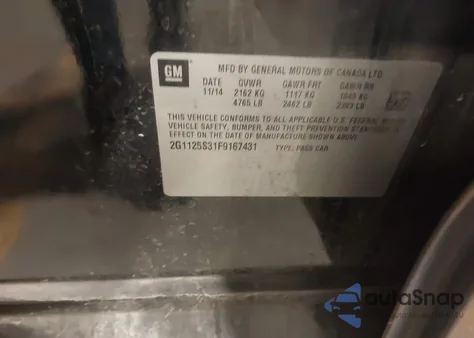 2015 Chevrolet Impala 2Lt из США, поврежденный, VIN 2G1125S31F9167431